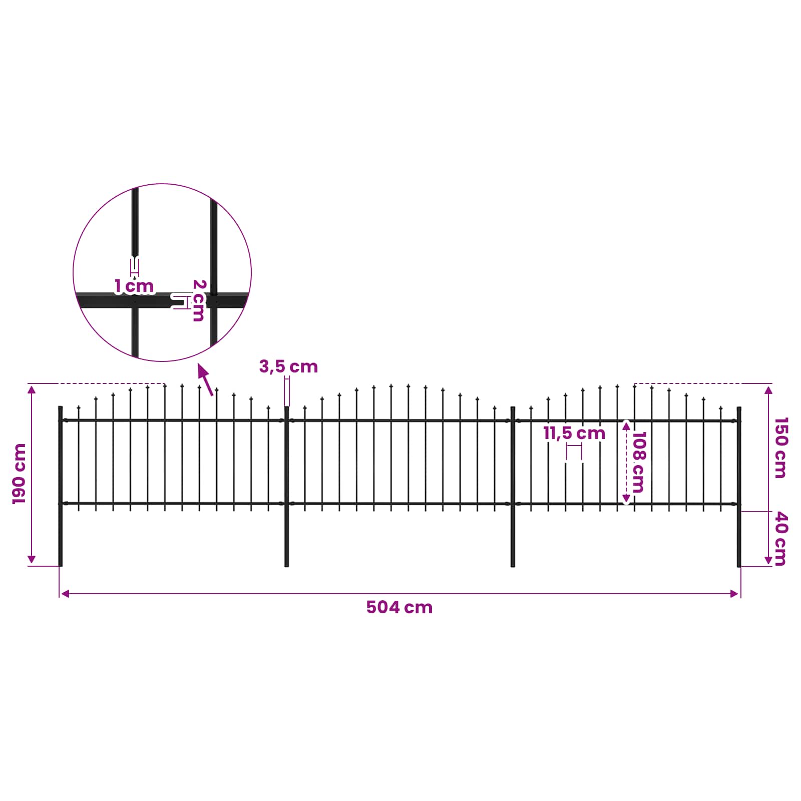 Garden Fence with Spear Top Steel 537x150 cm Black (3x144943)