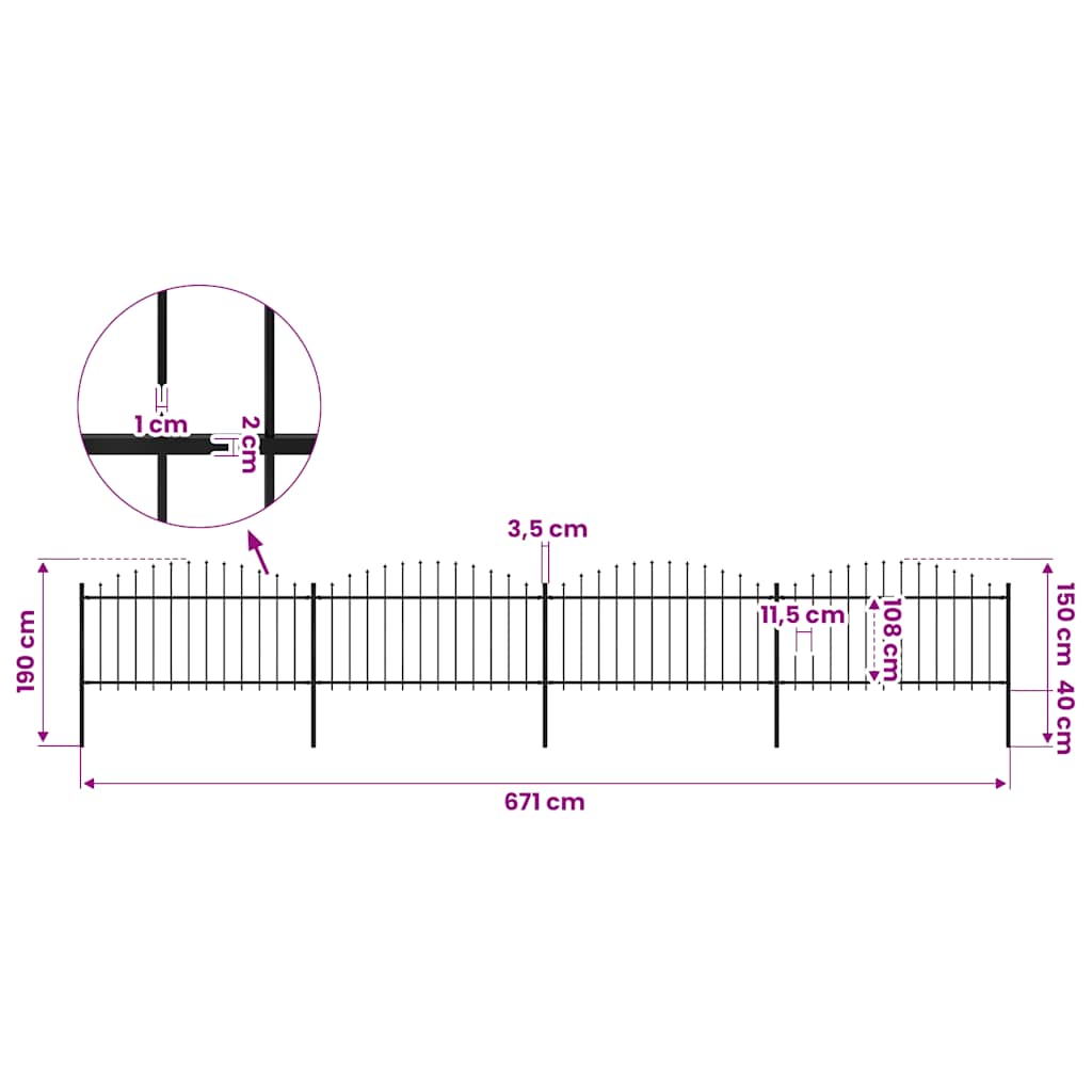 Garden Fence with Spear Top Steel 671x150 cm Black