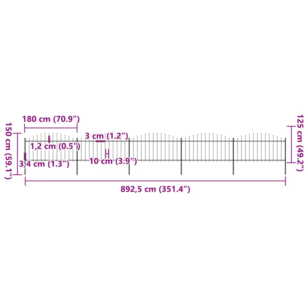 Garden Fence with Spear Top Steel 892,5x150 cm Black (5x144943)