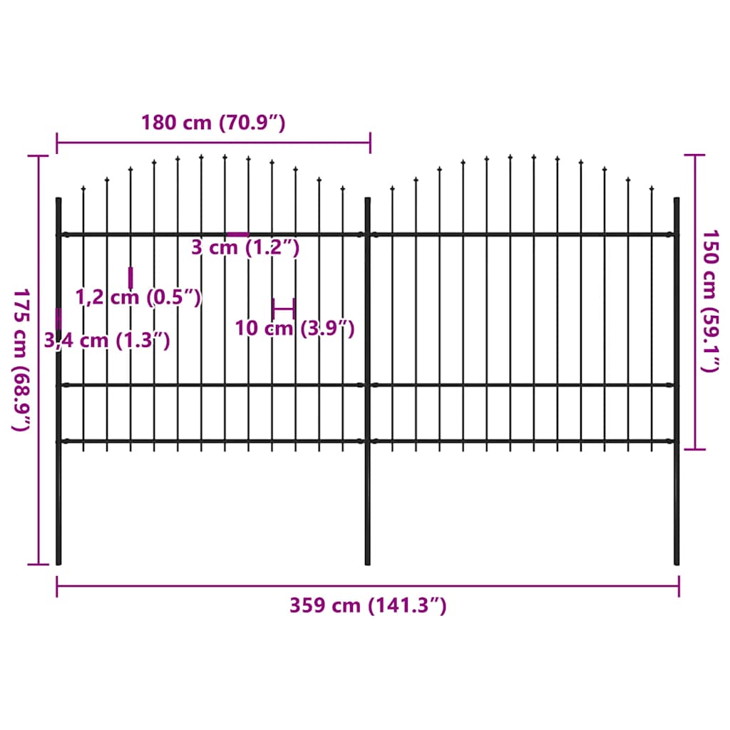 Garden Fence with Spear Top Steel 359x175 cm Black (2x144944)