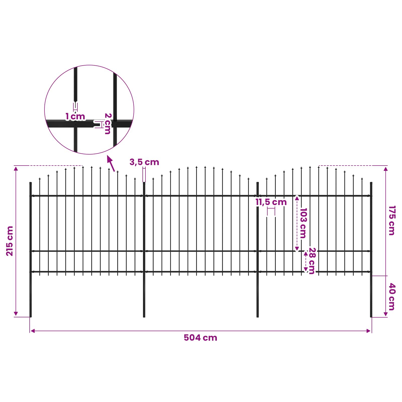 Garden Fence with Spear Top Steel 537x175 cm Black (3x144944)