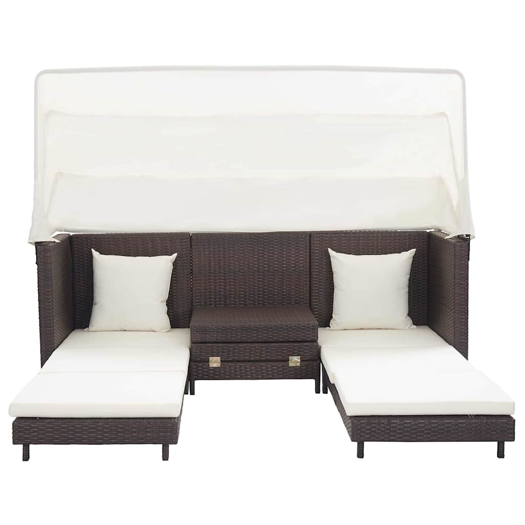 Extendable 3-Seater Sofa Bed with Roof Poly Rattan Brown