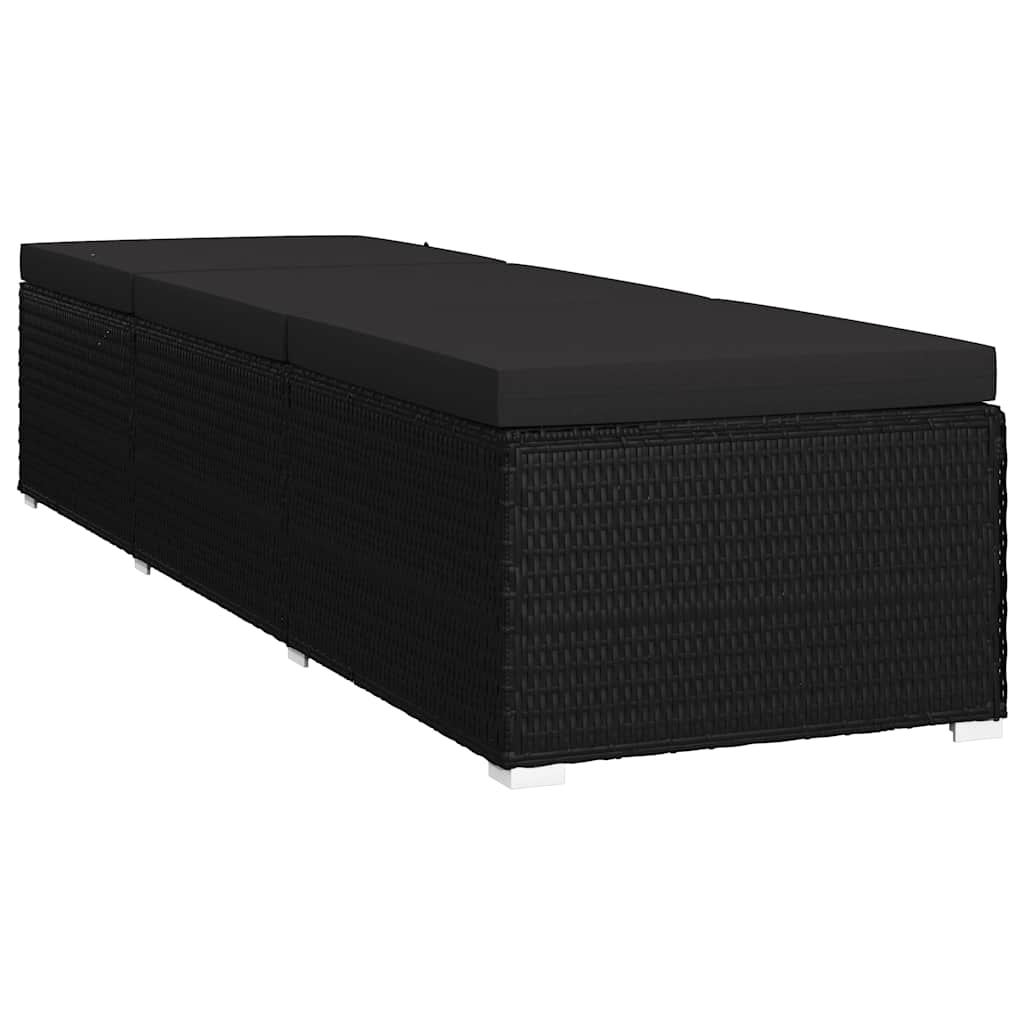 Sun Lounger with Cushion and Tea Table Poly Rattan Black