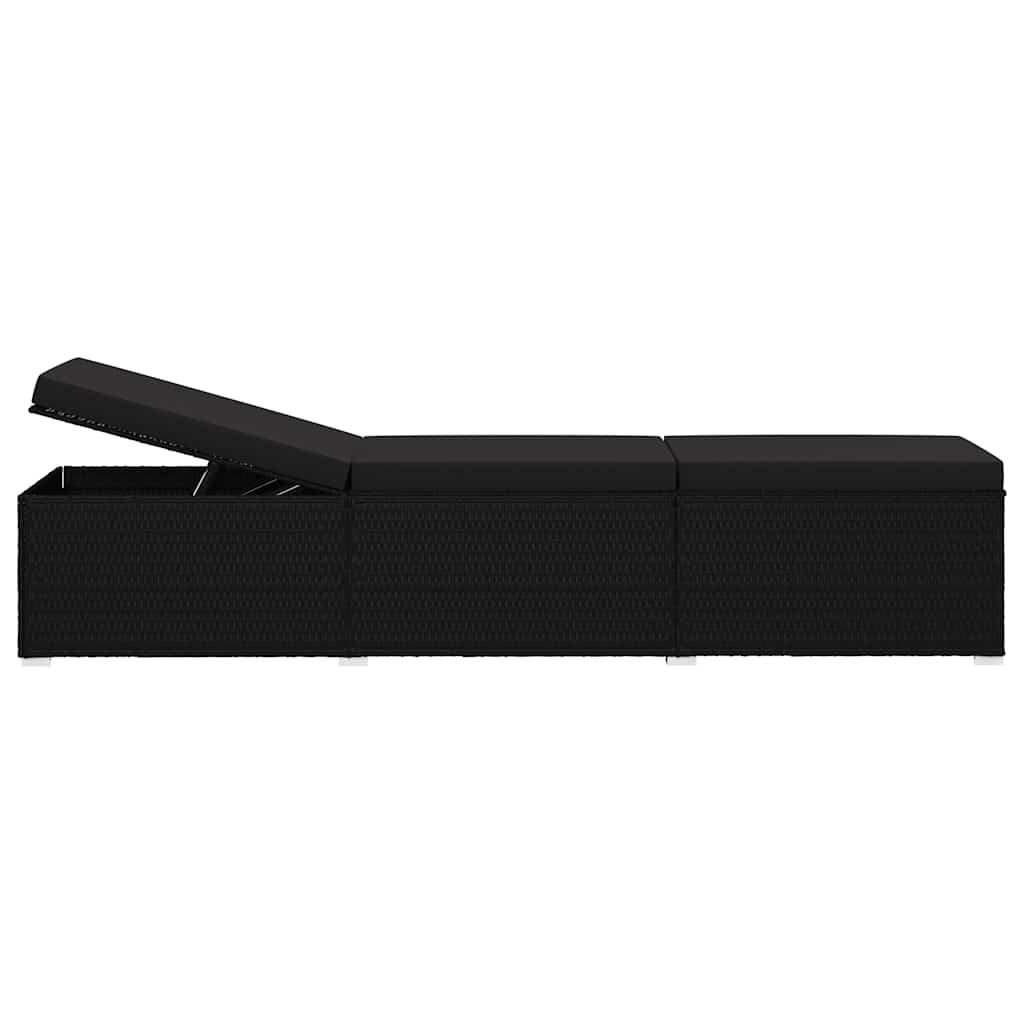 Sun Lounger with Cushion and Tea Table Poly Rattan Black