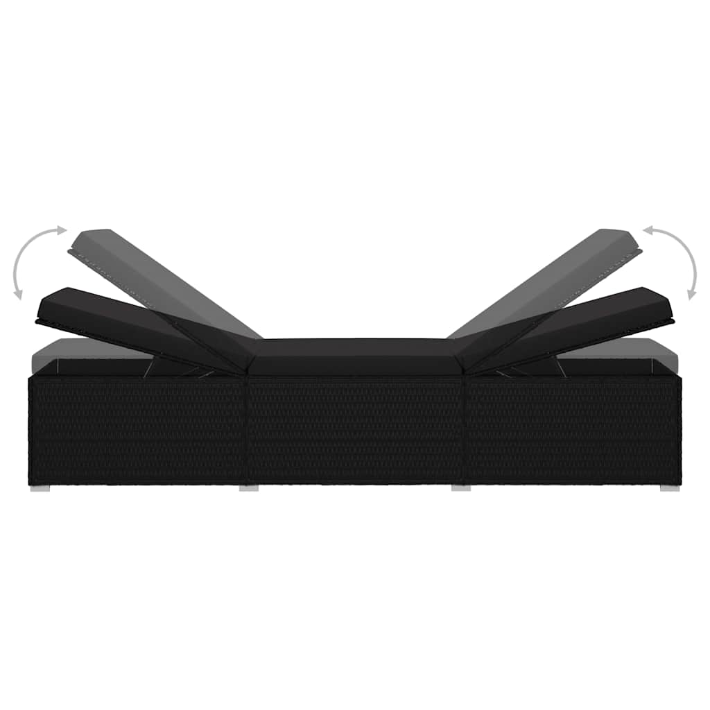 Sun Lounger with Cushion and Tea Table Poly Rattan Black