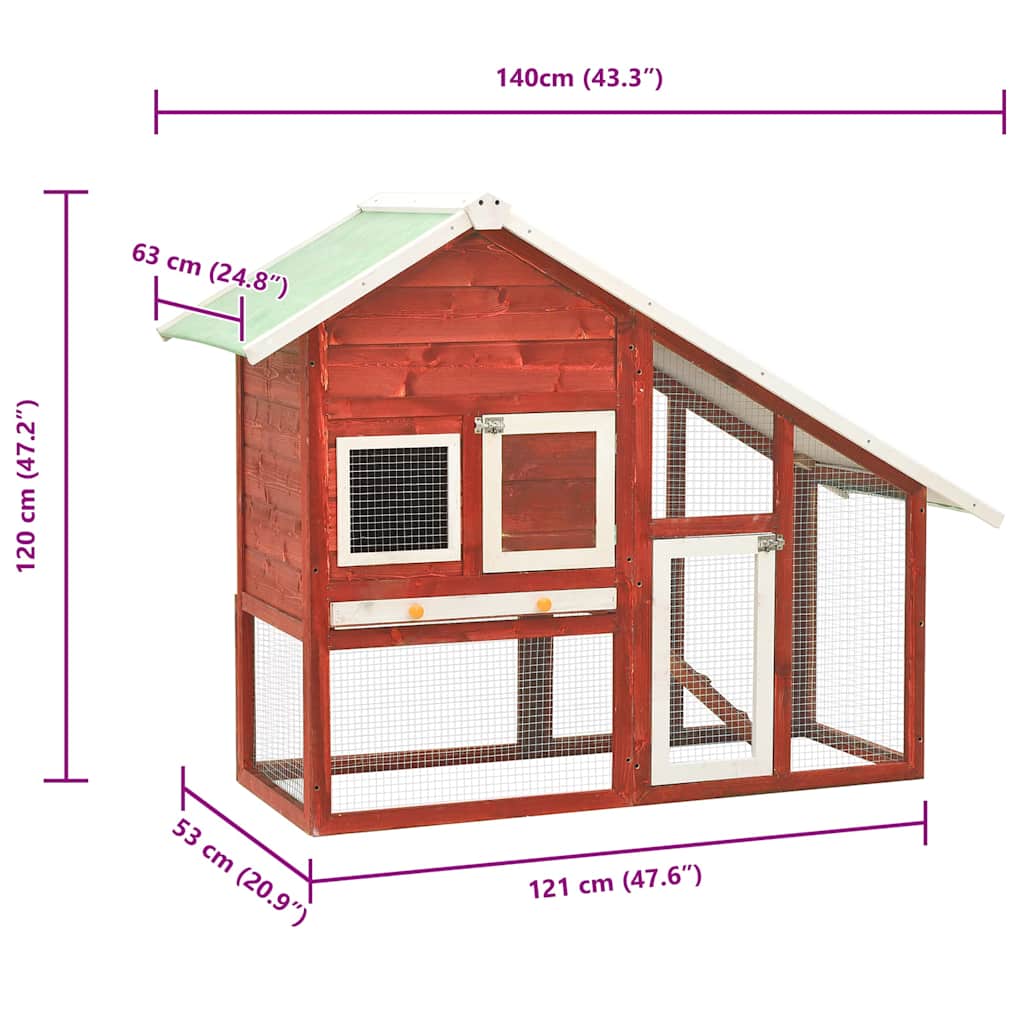 Rabbit Hutch Red and White 140x63x120 cm Solid Firwood