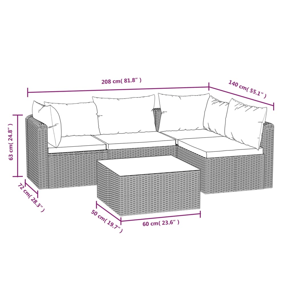 5 Piece Garden Lounge Set with Cushions Poly Rattan Black
