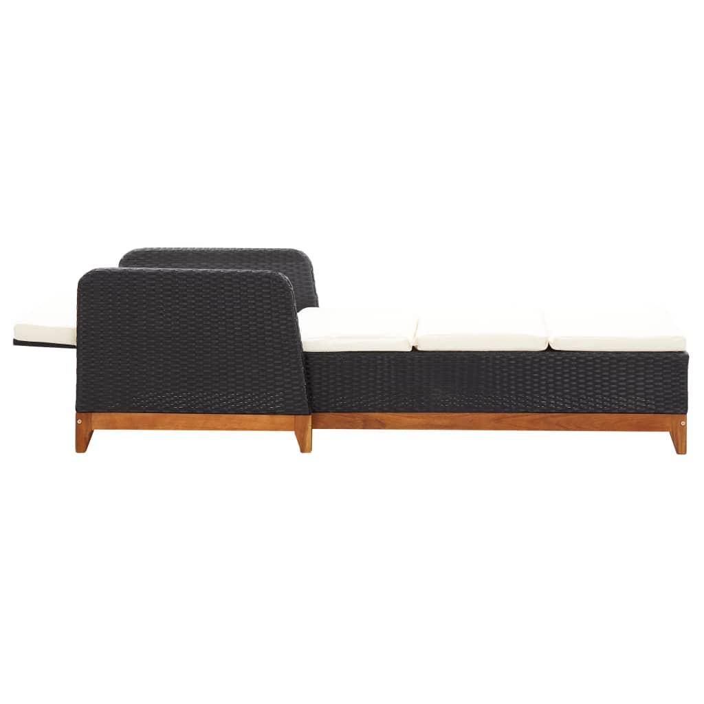 Sun Lounger Poly Rattan and Solid Acacia Wood Black