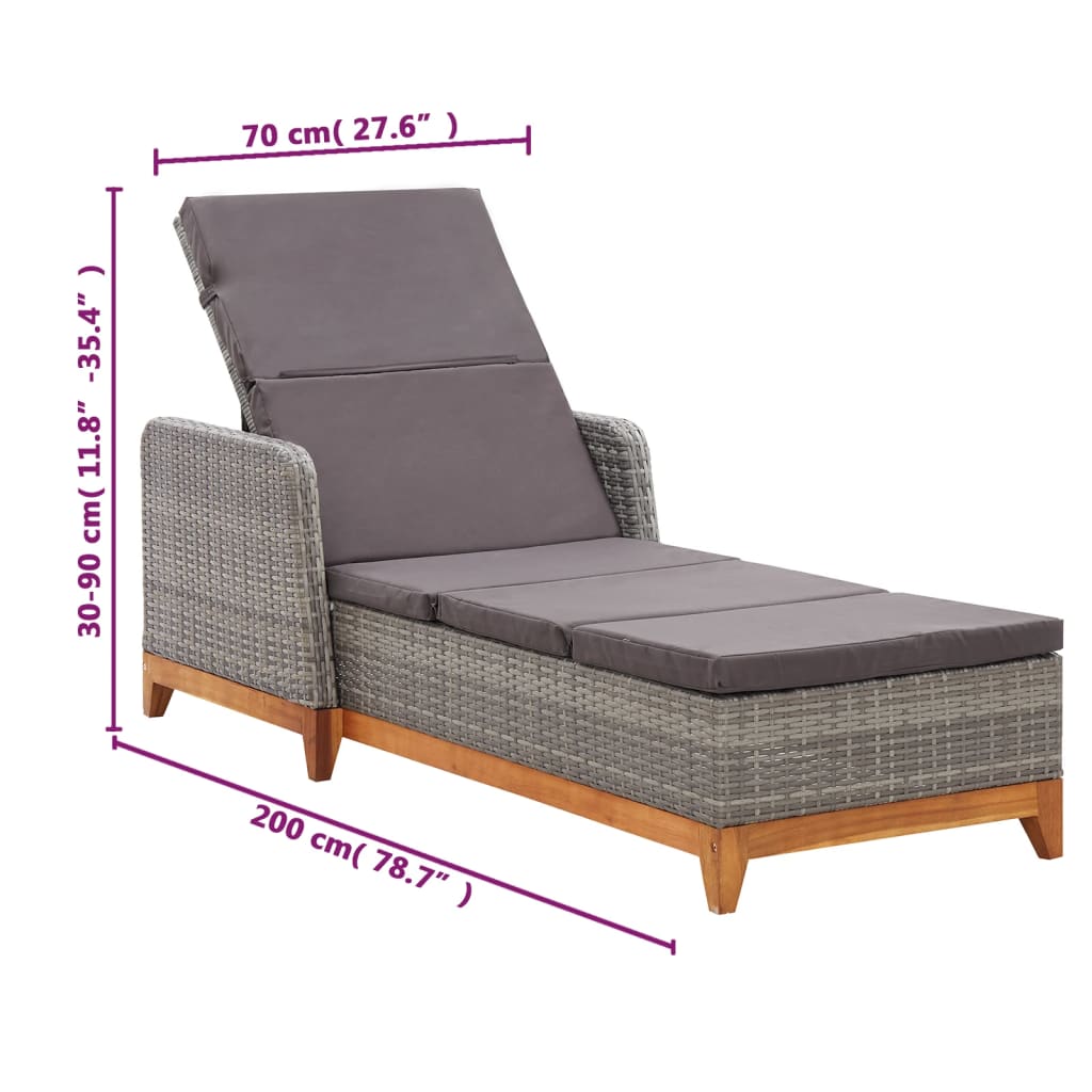 Sun Lounger Poly Rattan and Solid Acacia Wood Grey