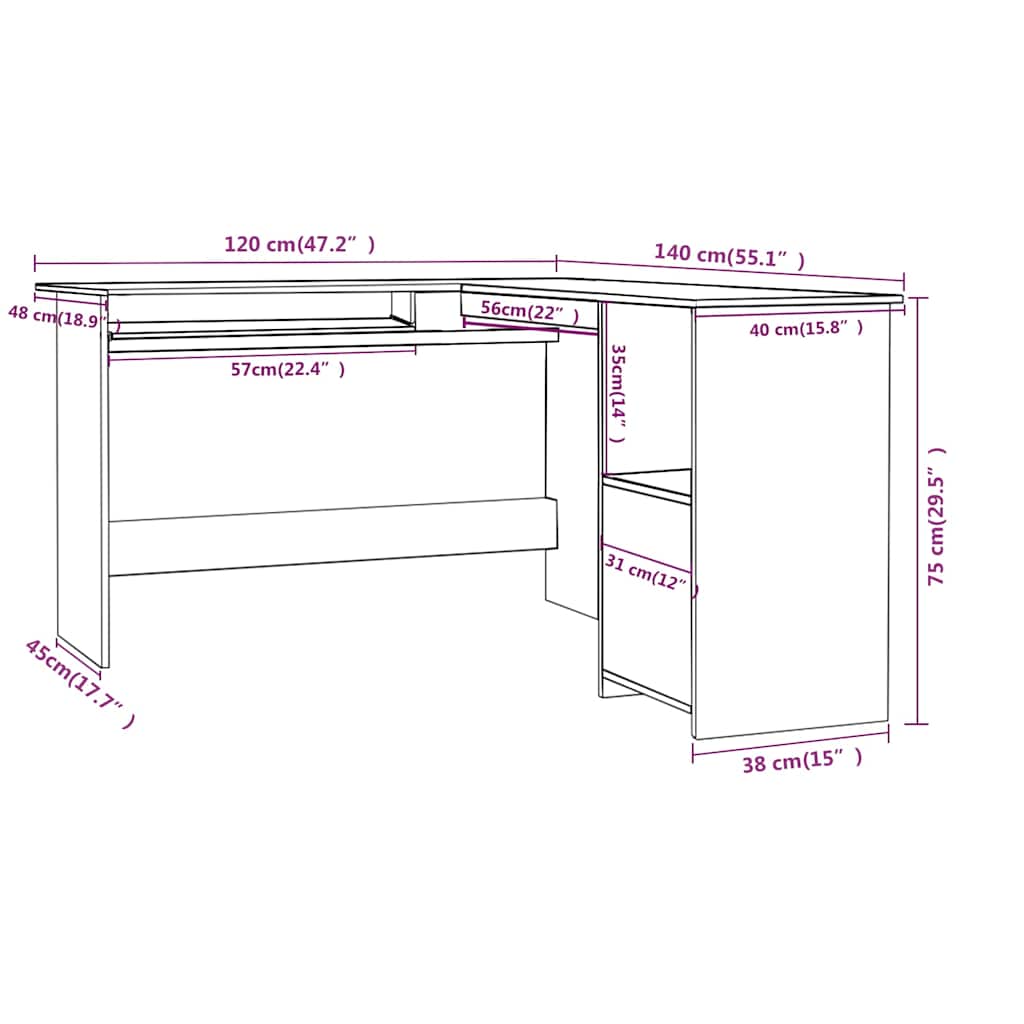 L-Shaped Corner Desk White 120x140x75 cm Engineered Wood