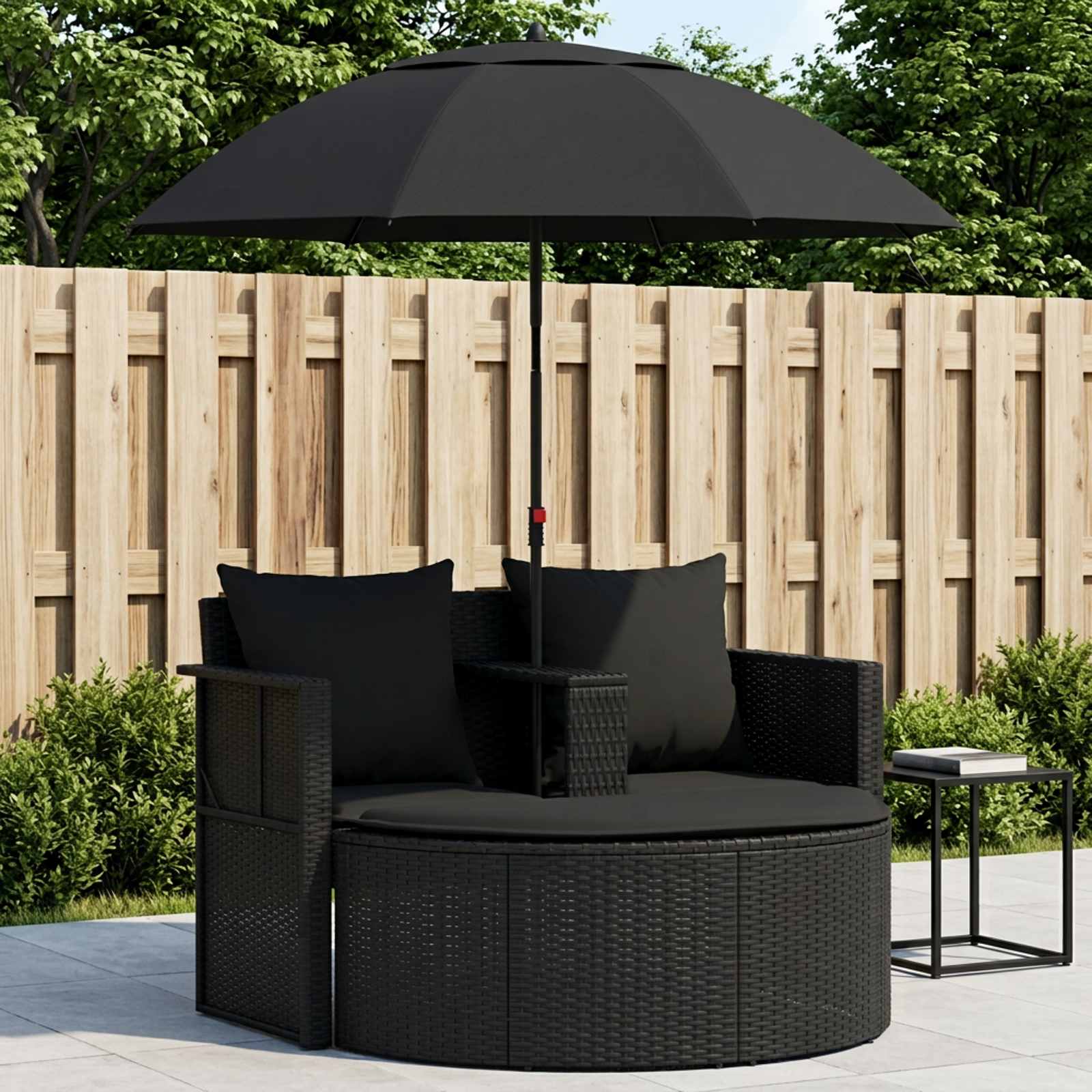 Garden Bed with Parasol Poly Rattan Black