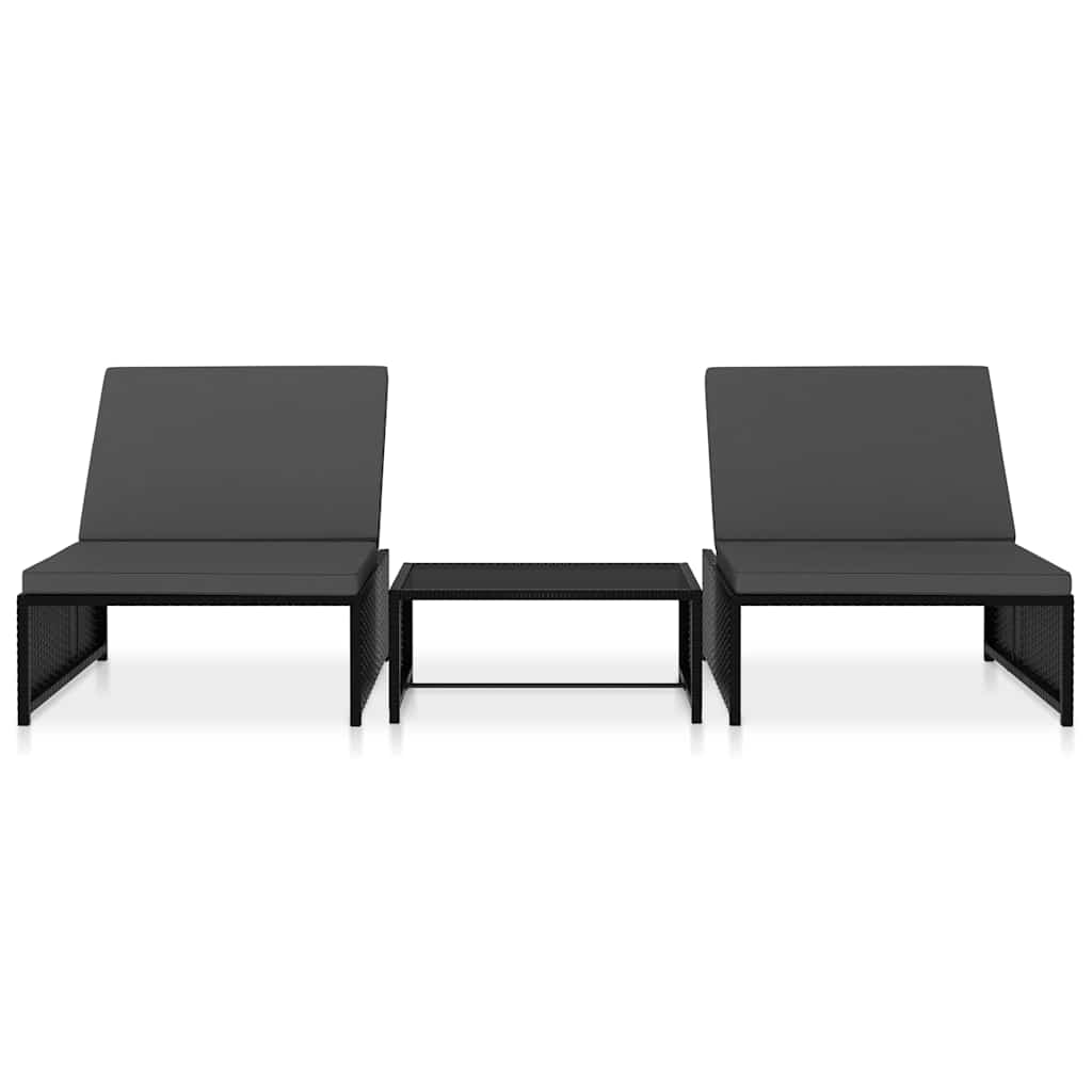 Reclining Garden Chairs 2 pcs with Table Black Poly Rattan