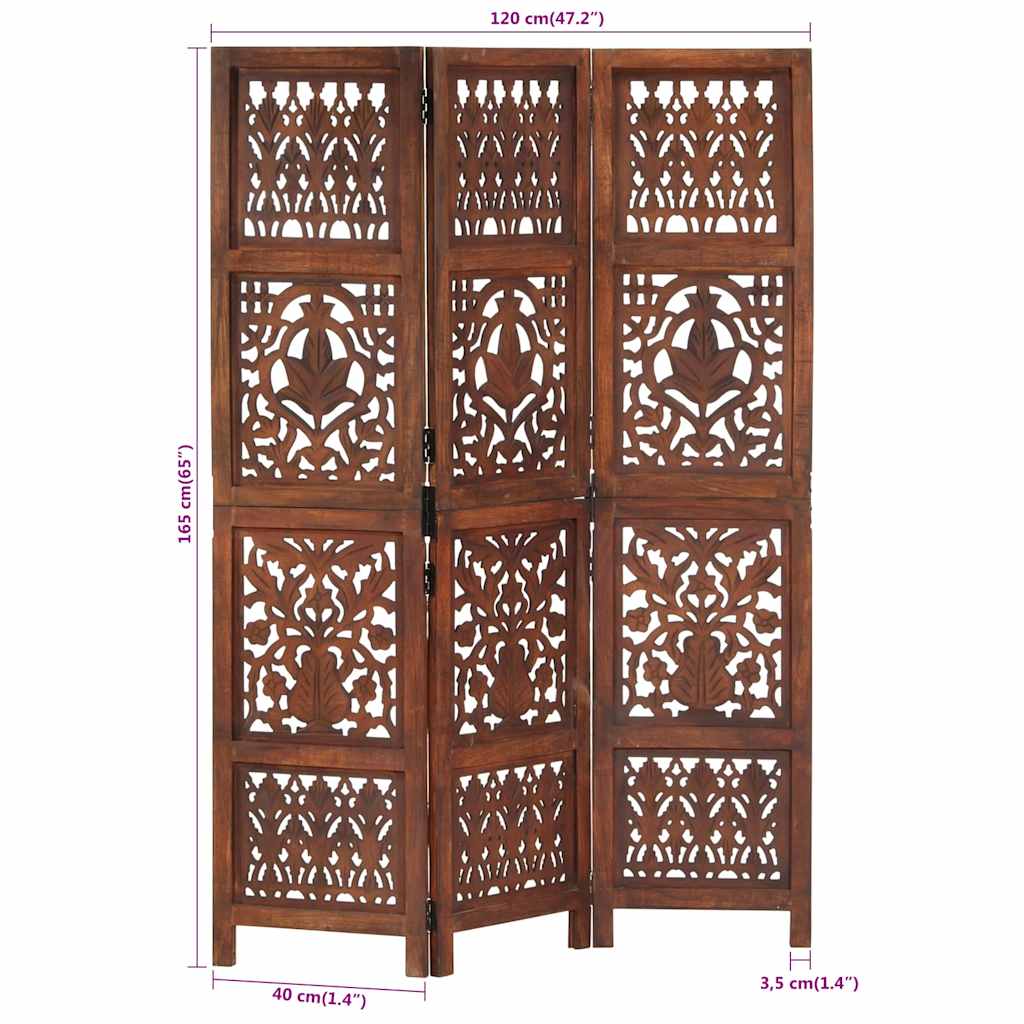 Hand Carved 3-Panel Room Divider Brown 120x165 cm