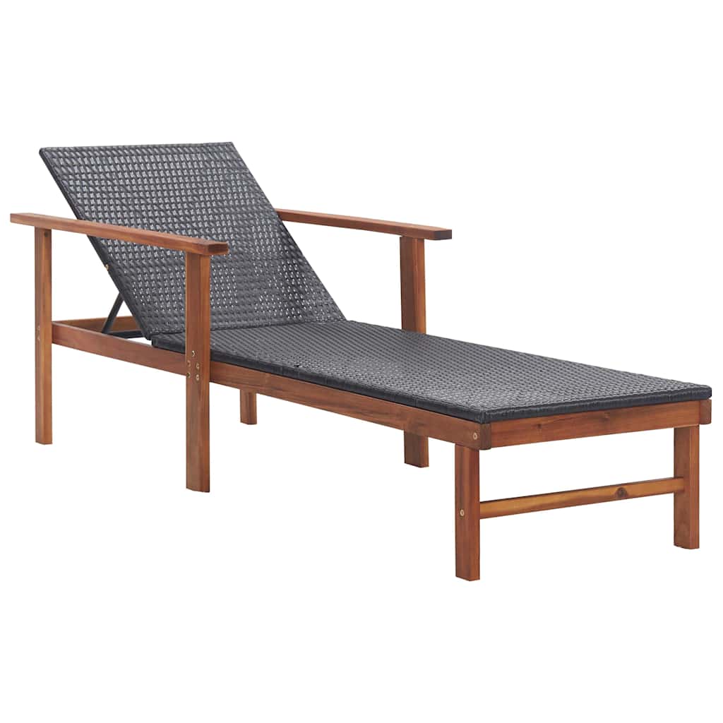 Sun Lounger Poly Rattan and Solid Acacia Wood Black