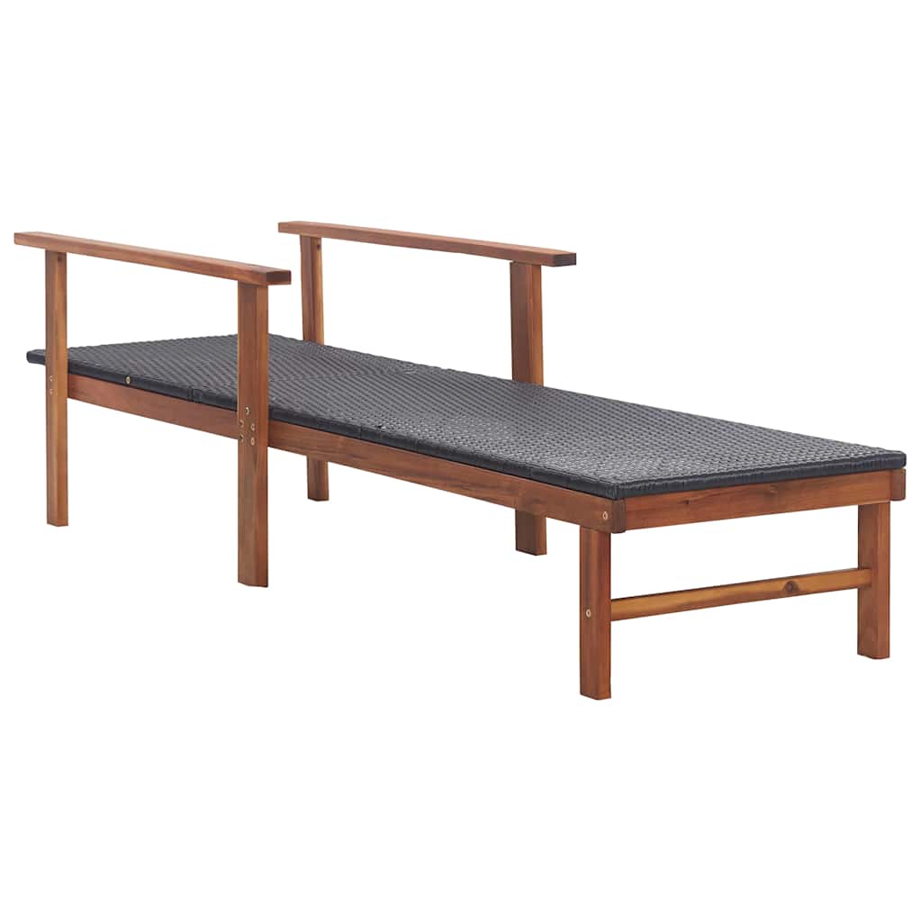Sun Lounger Poly Rattan and Solid Acacia Wood Black
