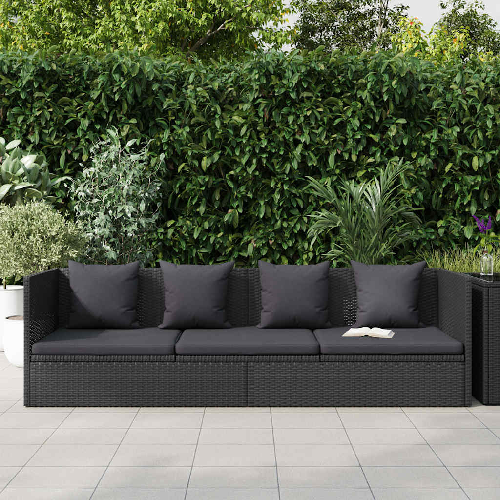 Garden Bed with Cushion and Pillow Poly Rattan Black