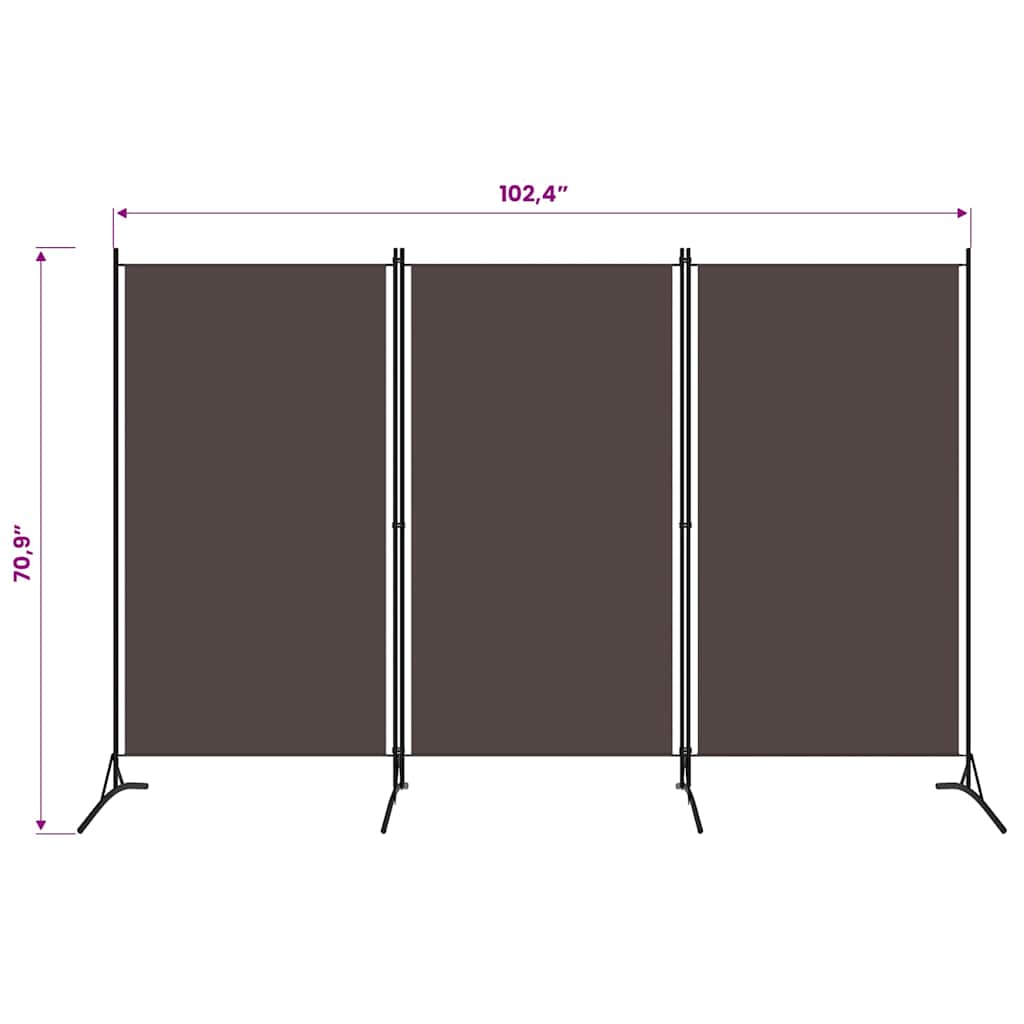 3-Panel Room Divider Brown 260x180 cm Fabric
