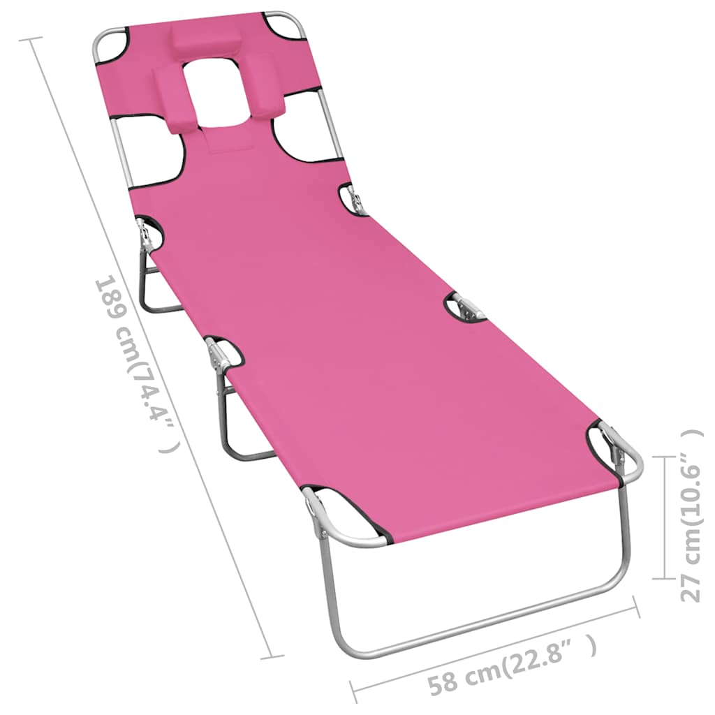 Folding Sun Lounger with Head Cushion Steel Magento Pink