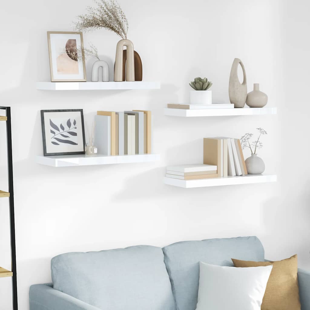 Floating Wall Shelves 4 pcs High Gloss White 60x23.5x3.8 cm MDF