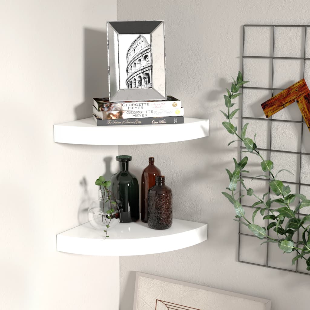Floating Corner Shelves 2 pcs High Gloss White 25x25x3.8 cm MDF