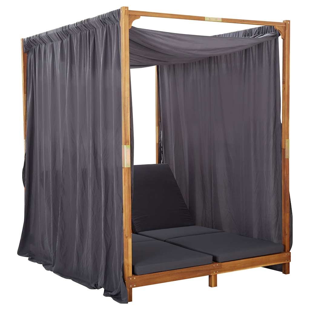 Double Sun Lounger with Curtains & Cushions Solid Acacia Wood