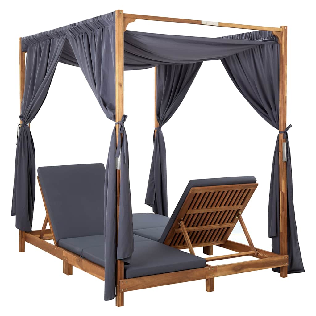 Double Sun Lounger with Curtains & Cushions Solid Acacia Wood