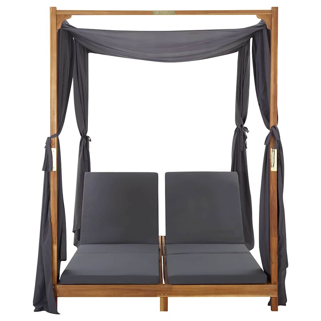Double Sun Lounger with Curtains & Cushions Solid Acacia Wood