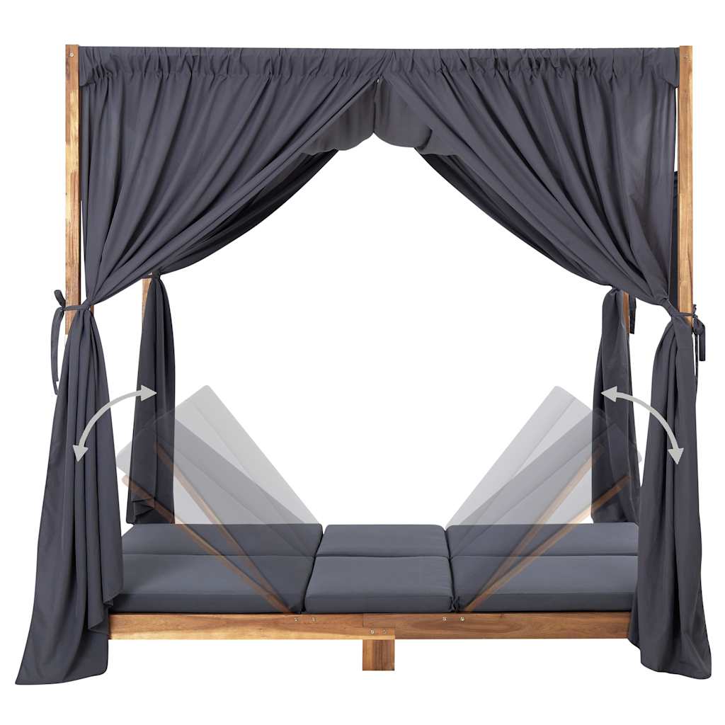Double Sun Lounger with Curtains & Cushions Solid Acacia Wood