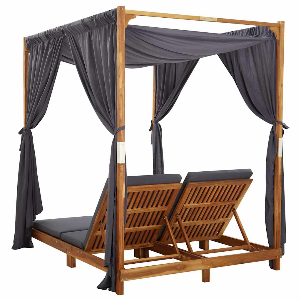 Double Sun Lounger with Curtains & Cushions Solid Acacia Wood