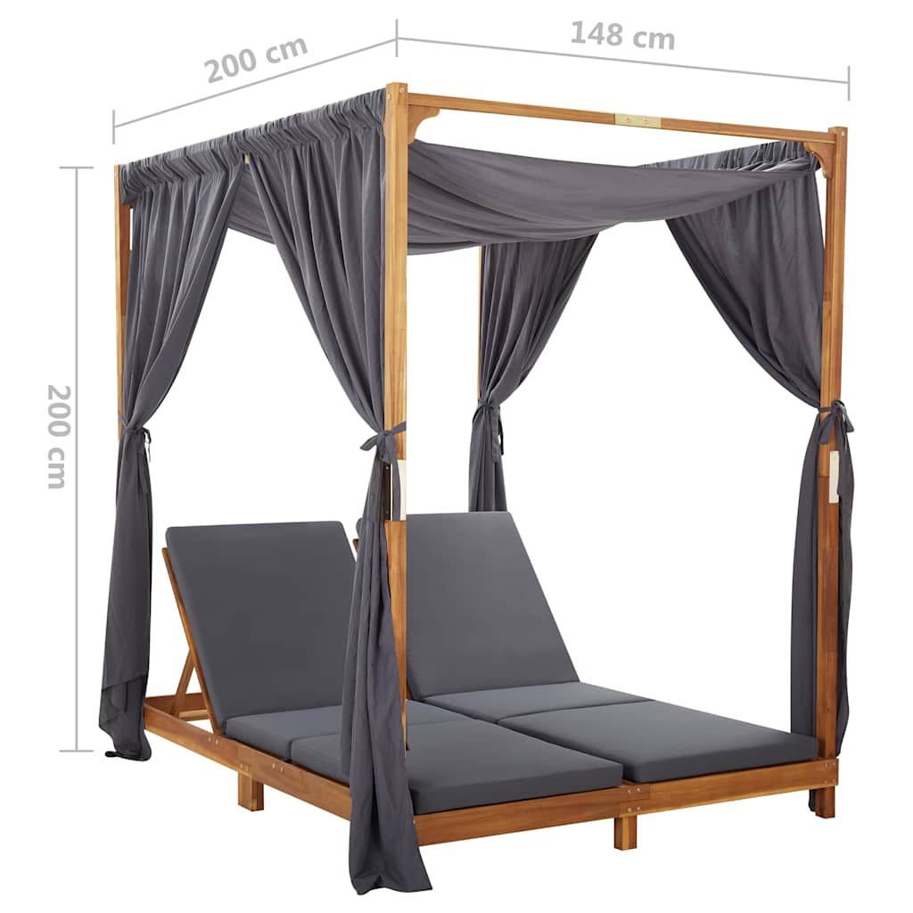 Double Sun Lounger with Curtains & Cushions Solid Acacia Wood
