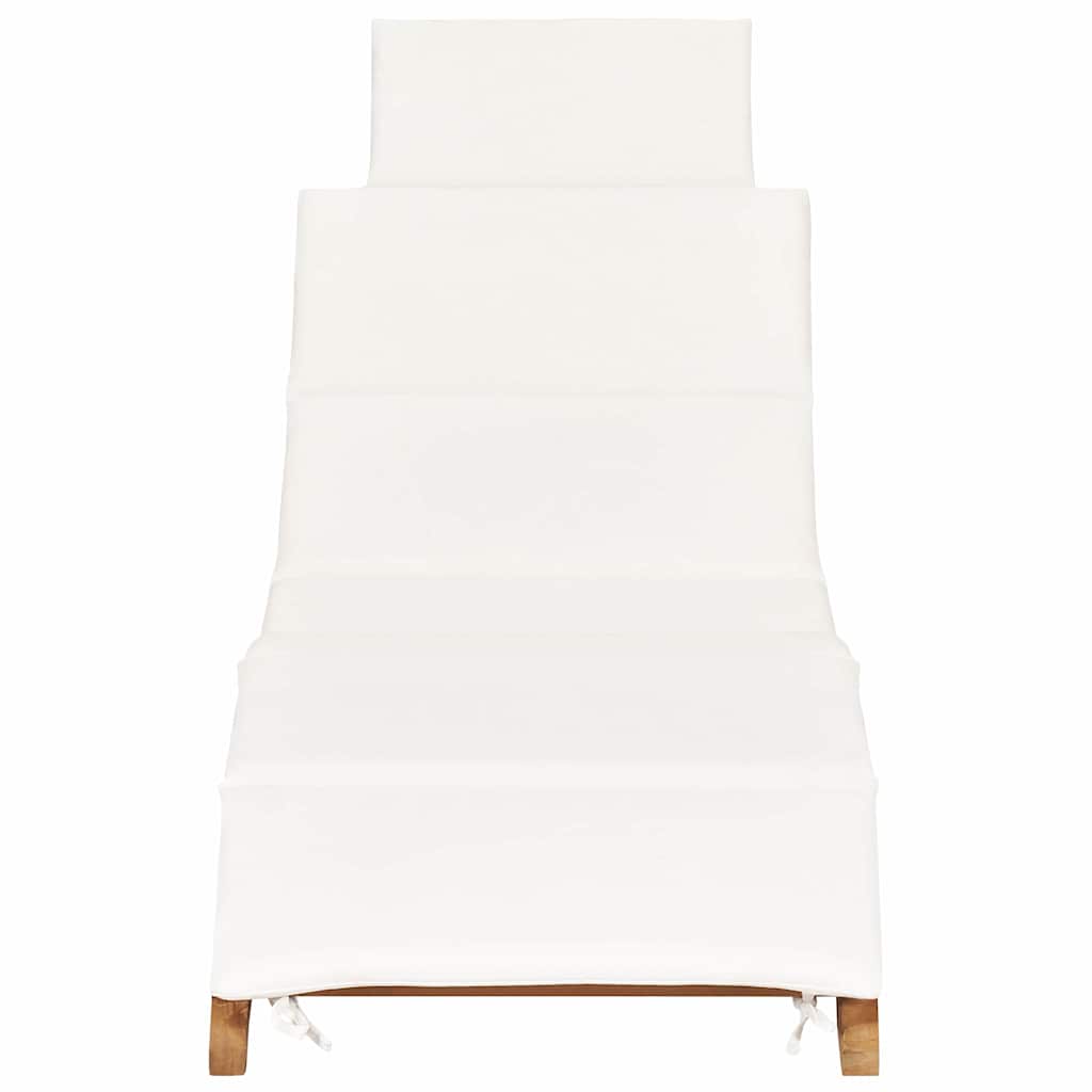 Folding Sun Lounger with Cream White Cushion Solid Teak Wood