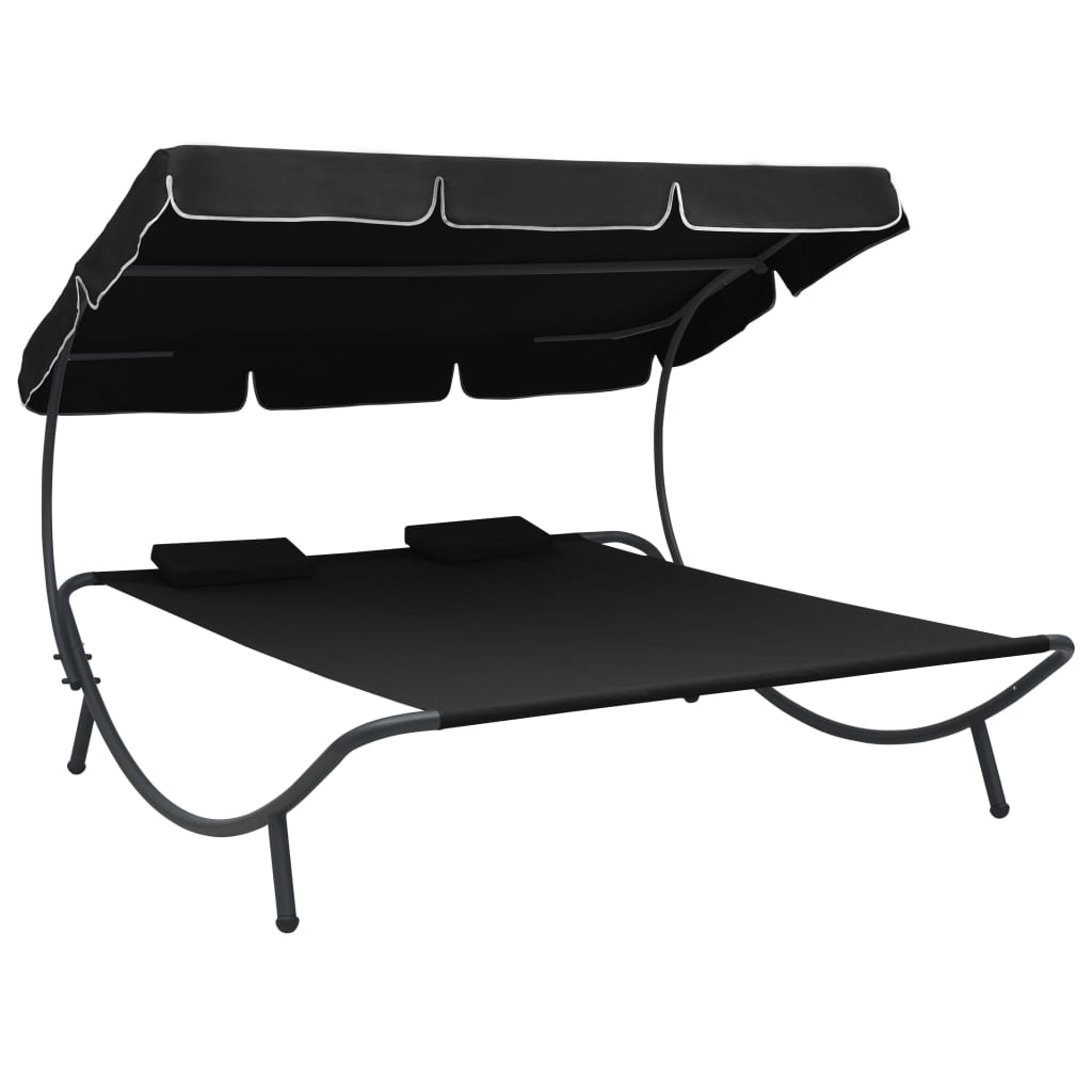 Outdoor Lounge Bed with Canopy and Pillows Black