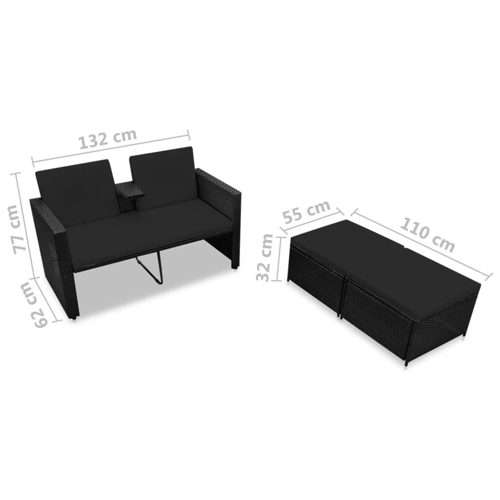 3 Piece Garden Lounge Set with Cushions Poly Rattan Black
