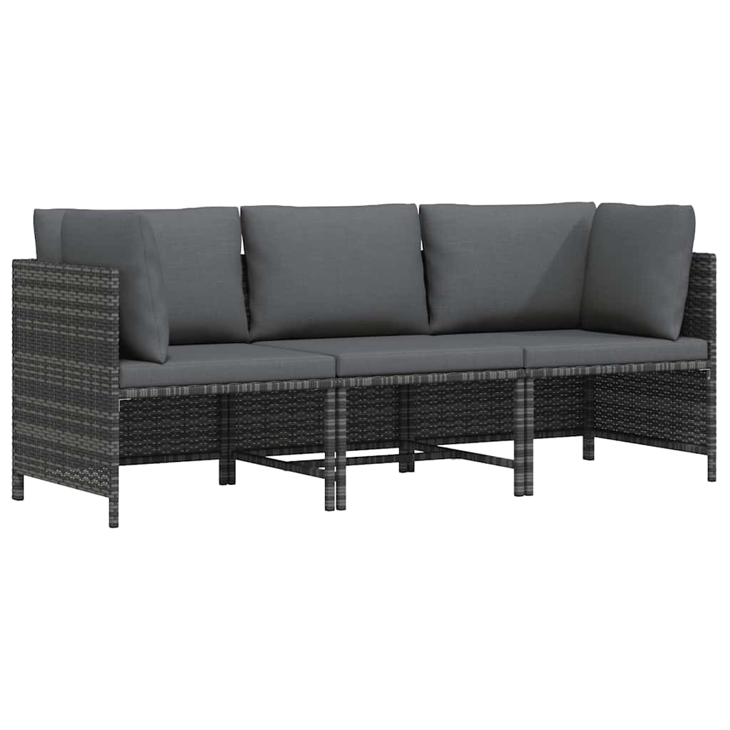 3-Seater Garden Sofa with Cushions Grey Poly Rattan