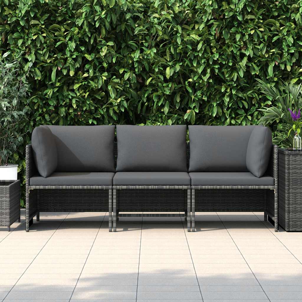 3-Seater Garden Sofa with Cushions Grey Poly Rattan