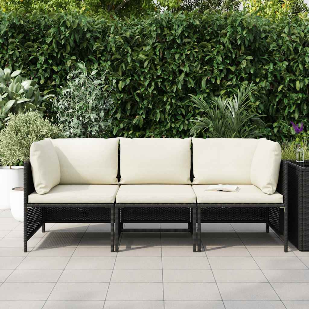 3-Seater Garden Sofa with Cushions Black Poly Rattan