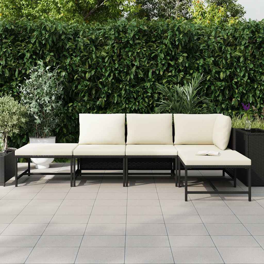 5 Piece Garden Sofa Set with Cushions Black Poly Rattan
