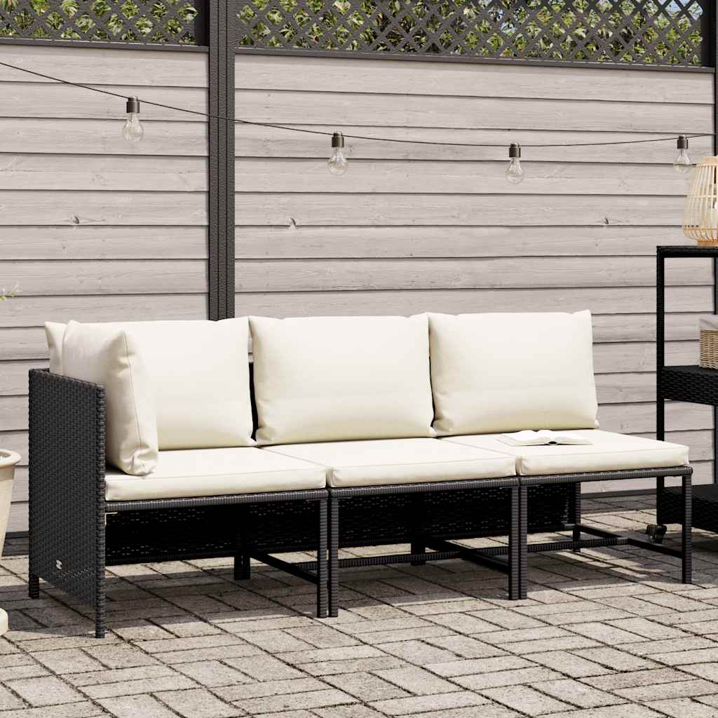 3 Piece Garden Sofa Set with Cushions Black Poly Rattan