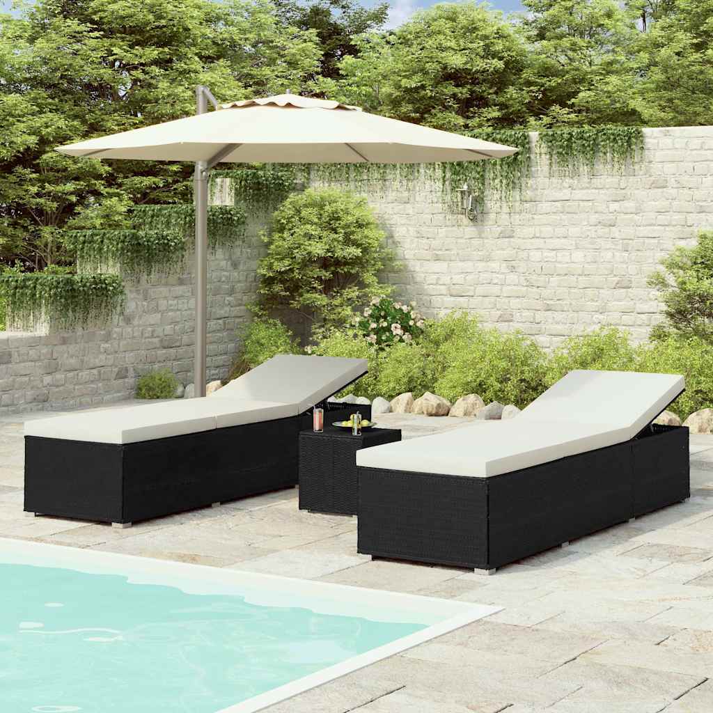 3 Piece Garden Sun Loungers with Tea Table Poly Rattan Black
