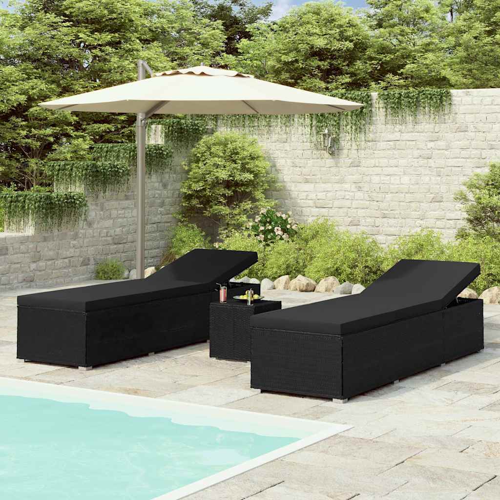 3 Piece Garden Sun Loungers with Tea Table Poly Rattan Black