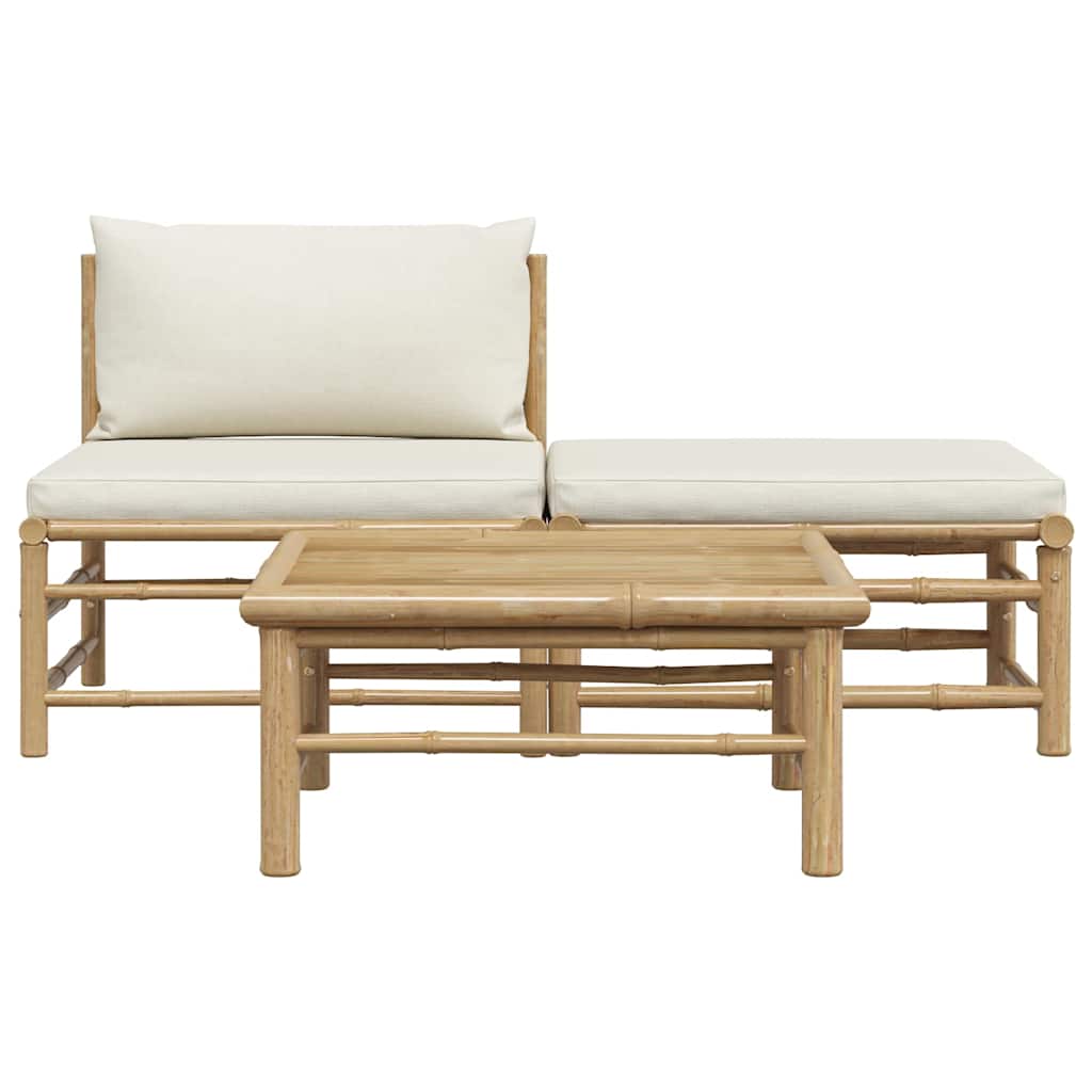3 Piece Garden Lounge Set with Cream White Cushions Bamboo