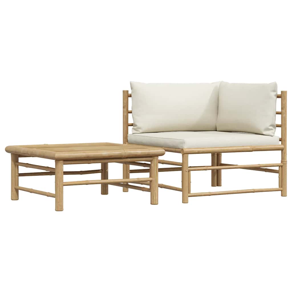 2 Piece Garden Lounge Set with Cream White Cushions Bamboo