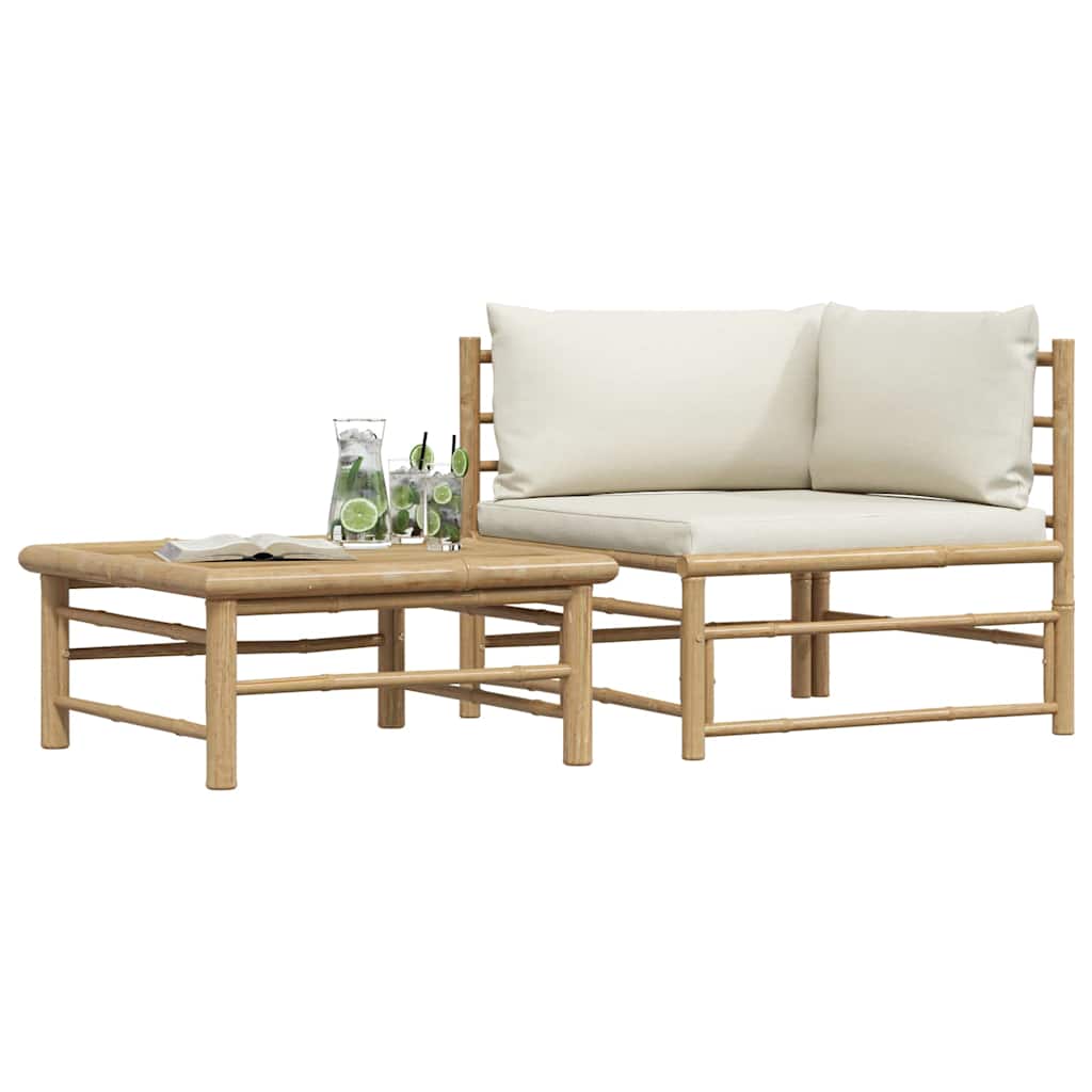 2 Piece Garden Lounge Set with Cream White Cushions Bamboo