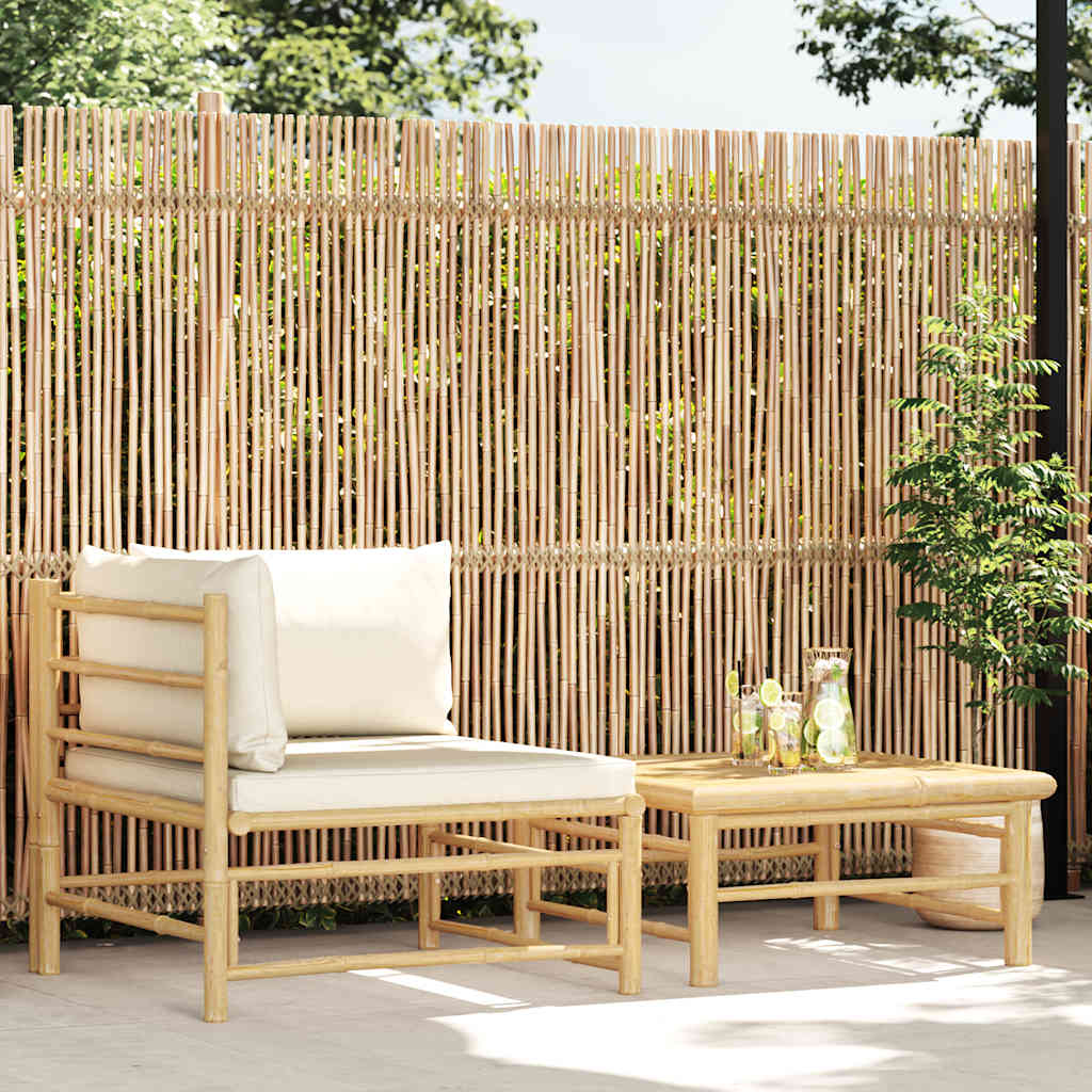 2 Piece Garden Lounge Set with Cream White Cushions Bamboo
