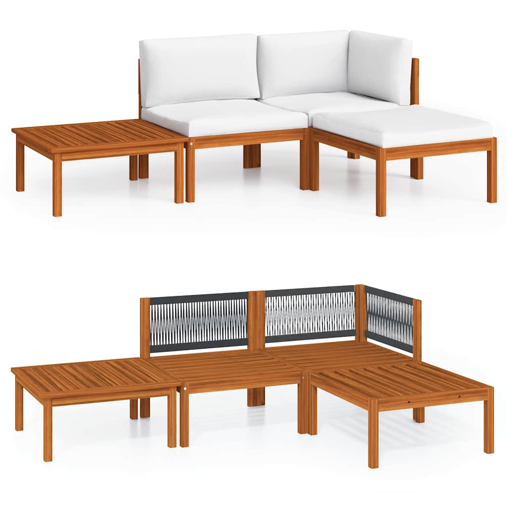 4 Piece Garden Lounge Set with Cushions Cream Wood Acacia&Rope