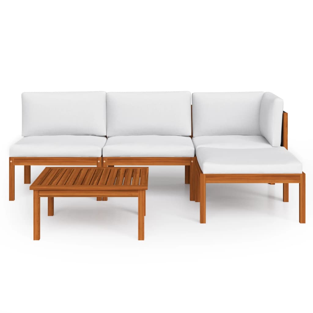 5 Piece Garden Lounge Set with Cushions Cream Wood Acacia&Rope