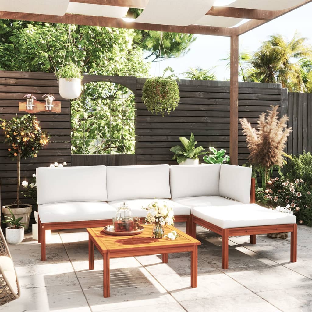 5 Piece Garden Lounge Set with Cushions Cream Wood Acacia&Rope