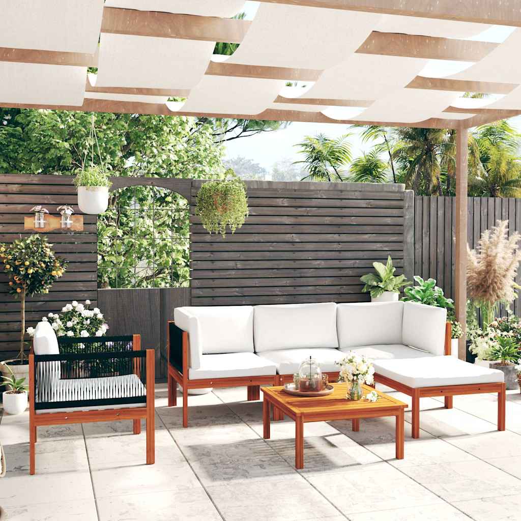 6 Piece Garden Lounge Set with Cushions Cream Wood Acacia&Rope