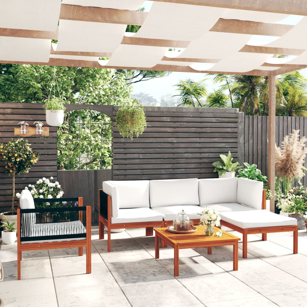 6 Piece Garden Lounge Set with Cushions Cream Wood Acacia&Rope