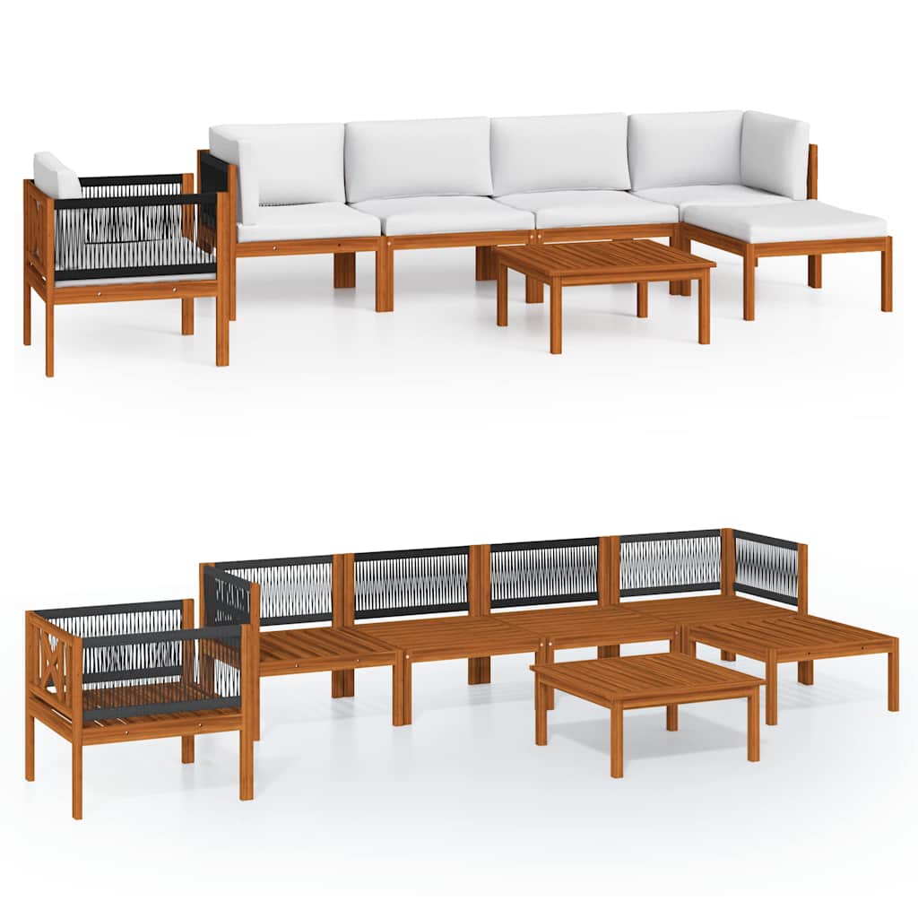 7 Piece Garden Lounge Set with Cushions Cream Wood Acacia&Rope